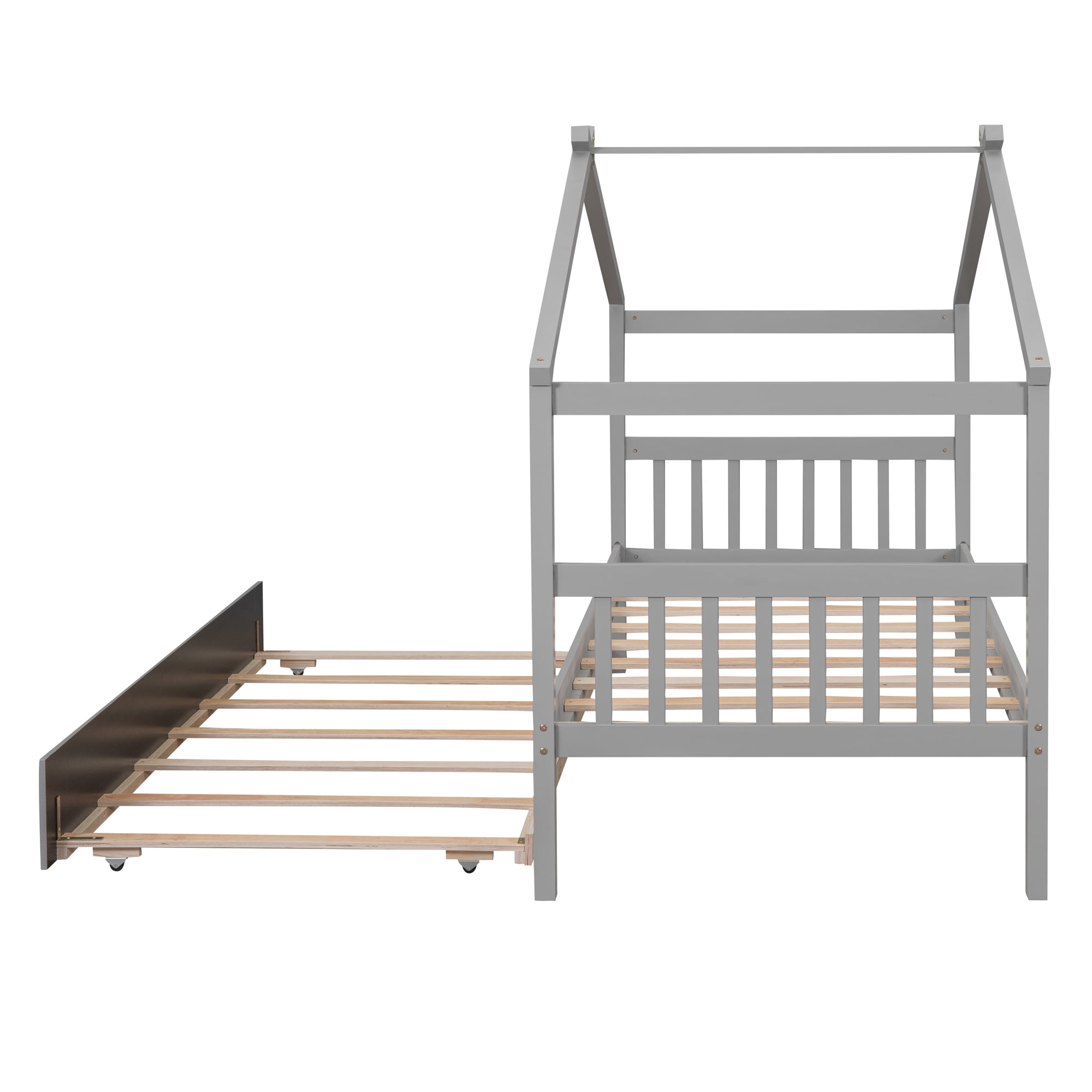 Bellemave Twin Size House Bed with Trundle, Wood Platform Bed Frame with House Shape Roof for Teens (Gray)