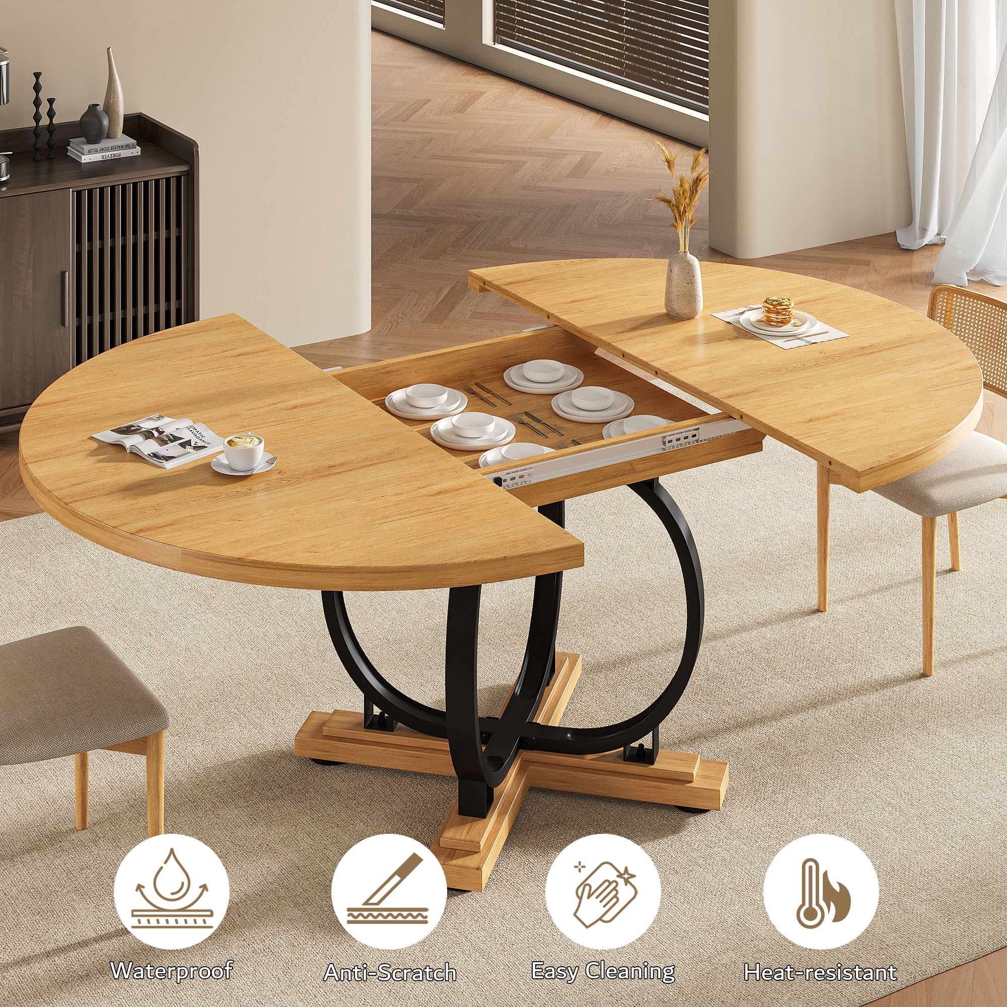 Einhomn 59”Extendable Round Dining Table for 4-8 ,Dining Room Table with X-Shaped Heavy Duty Metal Base,Thickened MDF Board,Modern Kitchen Dining Table,Space Saving,Oak