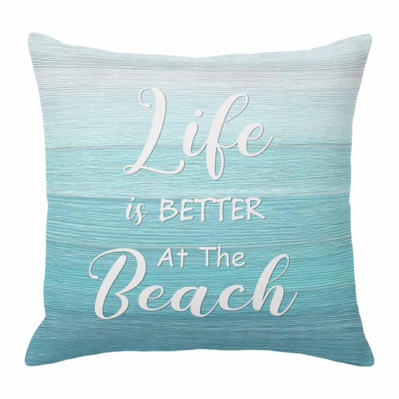 Throw Pillow Covers, Teal Blue Summer Beach Decorative Throw Pillow Covers 18x18 Inch, Coastal Vacation Blue Wooden Square Linen Pillow Cases for Couch/Living Room/Sofa