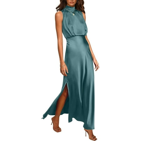 Women Sleeveless Mock Neck Cocktail Dresses Keyhole Elastic Waist Party Wedding Guest Satin High Split Maxi Dress