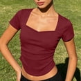 thumbnail image 4 of YUGYXL Women's Sweetheart Neck Short Sleeve Shirts Slim Fit Ruched Tops Going Out Y2K Cute Summer T-Shirts Tees Wine Top XL, 4 of 9