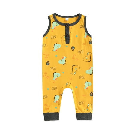 

Calsunbaby Infant Baby Boys Girls Romper Sleeveless Round Neck Dinosaur Printed Patchwork One Piece Summer Jumpsuit