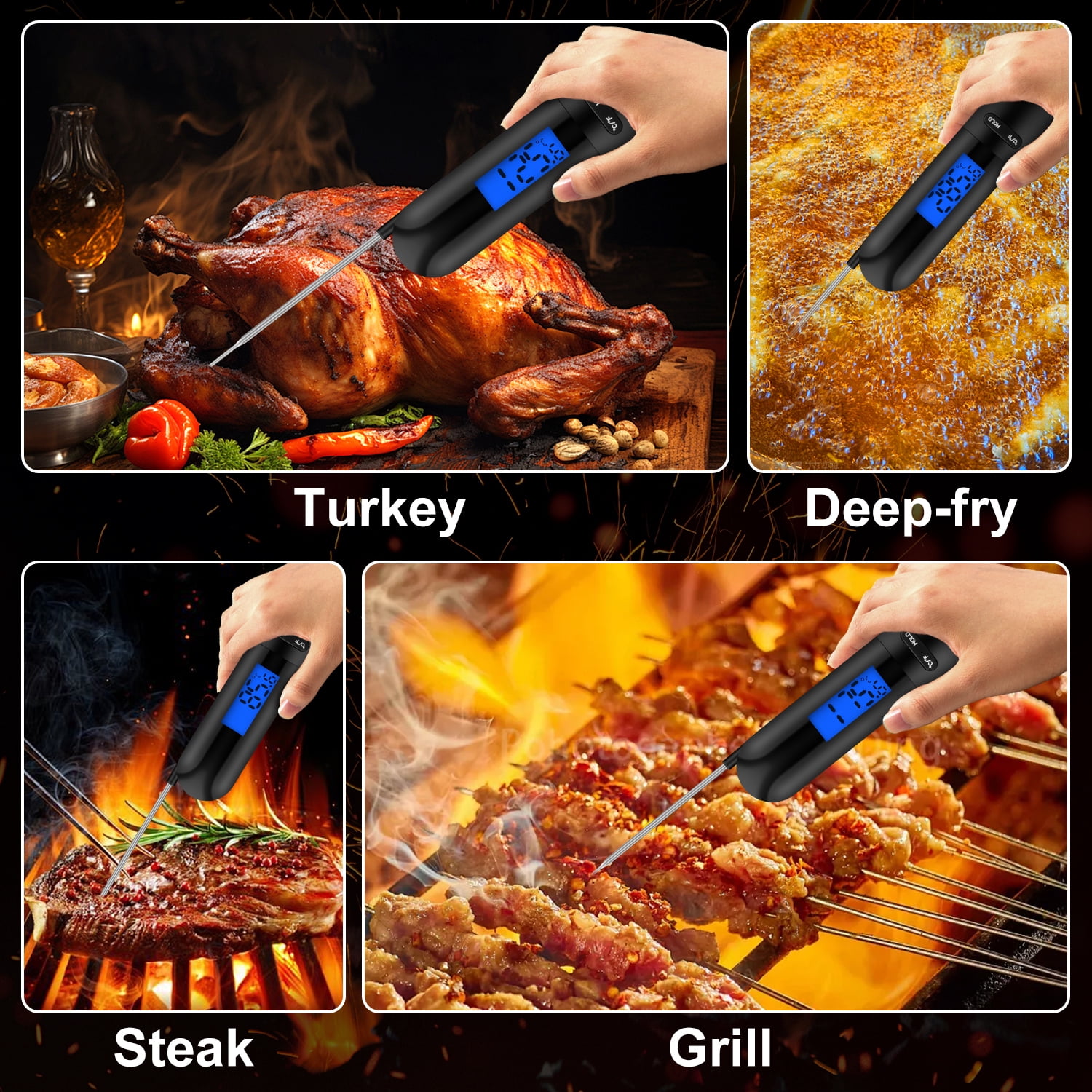 Meat Thermometer for Cooking,AILKIN Foldable Waterproof Instant Read Wireless Digital Grilling Thermometer Food Cooking Thermometer for Meat,Steak,Grills,Kitchen,Turkey,BBQ(Black)