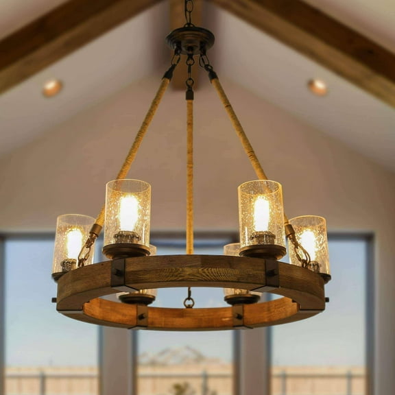 LNC 6-Light Distressed Wood and Black Wagon Wheel Chandelier with Seeded Glass