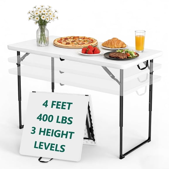 HaiNova 4 Ft Adjustable Height Folding Table, Max Load 400lbs, Portable Camping Table with Handle for Home Party, Camping Parties and Weddings, White