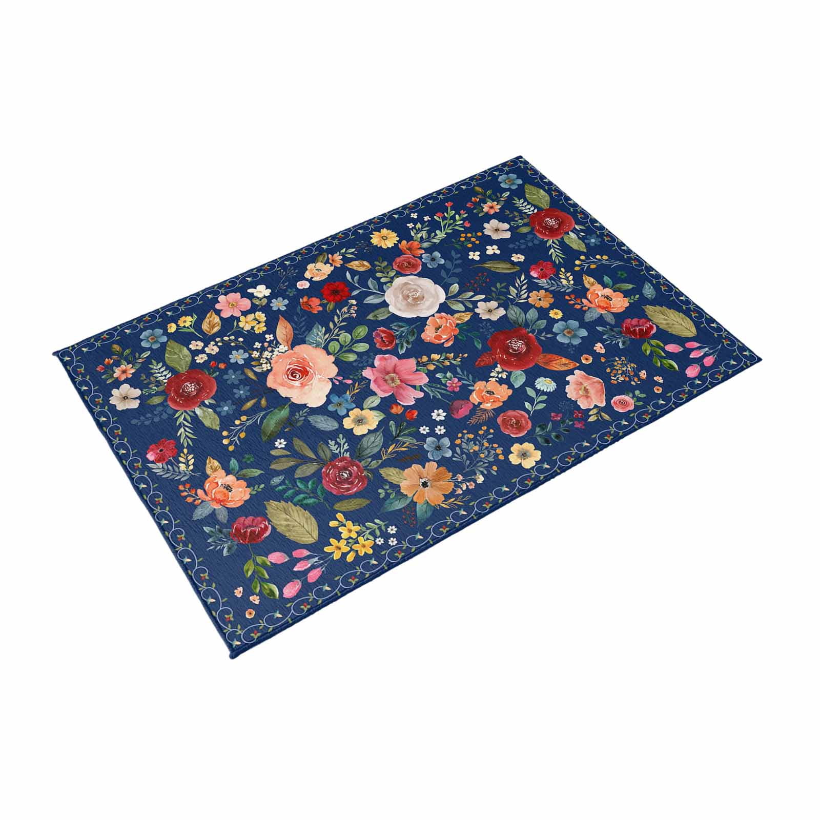Navy Blue Flowers Outdoor Rug 5x7 Ft, Non Slip Washable Area Rug, Spring Vintage Floral Leaves Farmhouse Patio Rugs Carpet Runner, Large Floor Mat for Indoor/Outdoor Deck Porch Camping