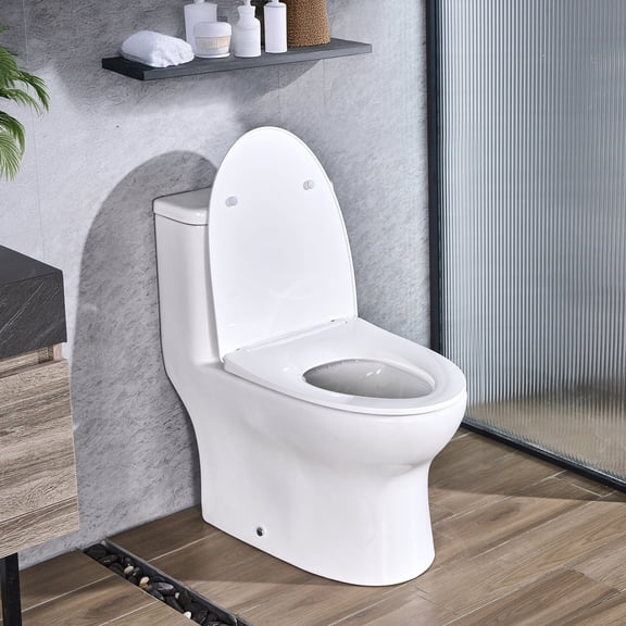 VEVOR One-Piece Toilet, Elongated Toilet Vortex Dual-Flush 1.0/1.28 GPF, Toilets for Bathroom with Comfortable Chair Seat, Standard Height, 12 inch Rough-In, White   Silver, Easy-Clean Skirted Design