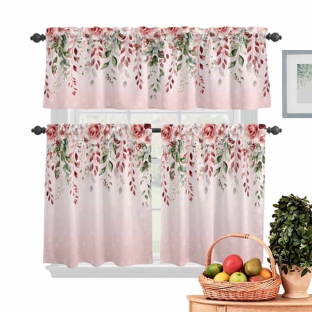 Roses Eucalyptus Leaf Kitchen Curtains Valances 3 Piece Set Valentine s Day Pink Romantic Rod Pocket Tier Curtain and Valance Drapes for Small Window 36 Inch Length for Bedroom Cafe