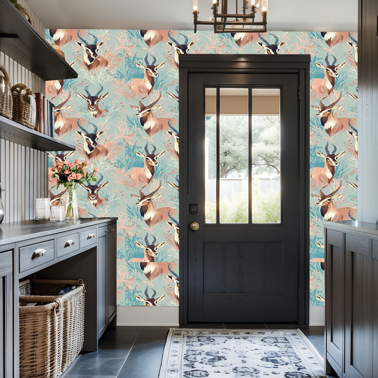 Peel and Stick Wallpaper Hunting Wildlife Antelope Botanical Pastel Blue Peach Wall Mural 17.7in x 9.8ft Self Adhesive Removable Wall Paper Renter Friendly Wallpaper for Nursery Bedroom Cabinets