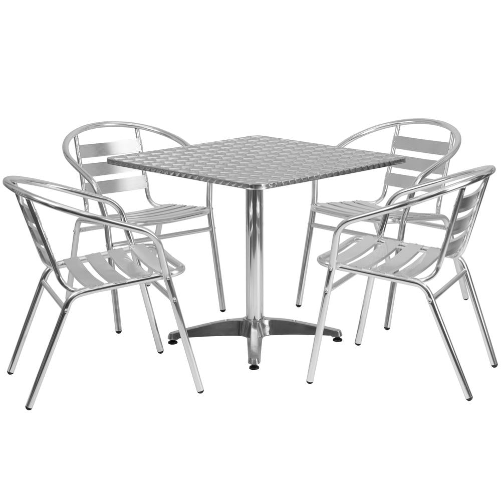 31.5'' SQUARE ALUMINUM INDOOR-OUTDOOR TABLE WITH 4 SLAT BACK CHAIRS 