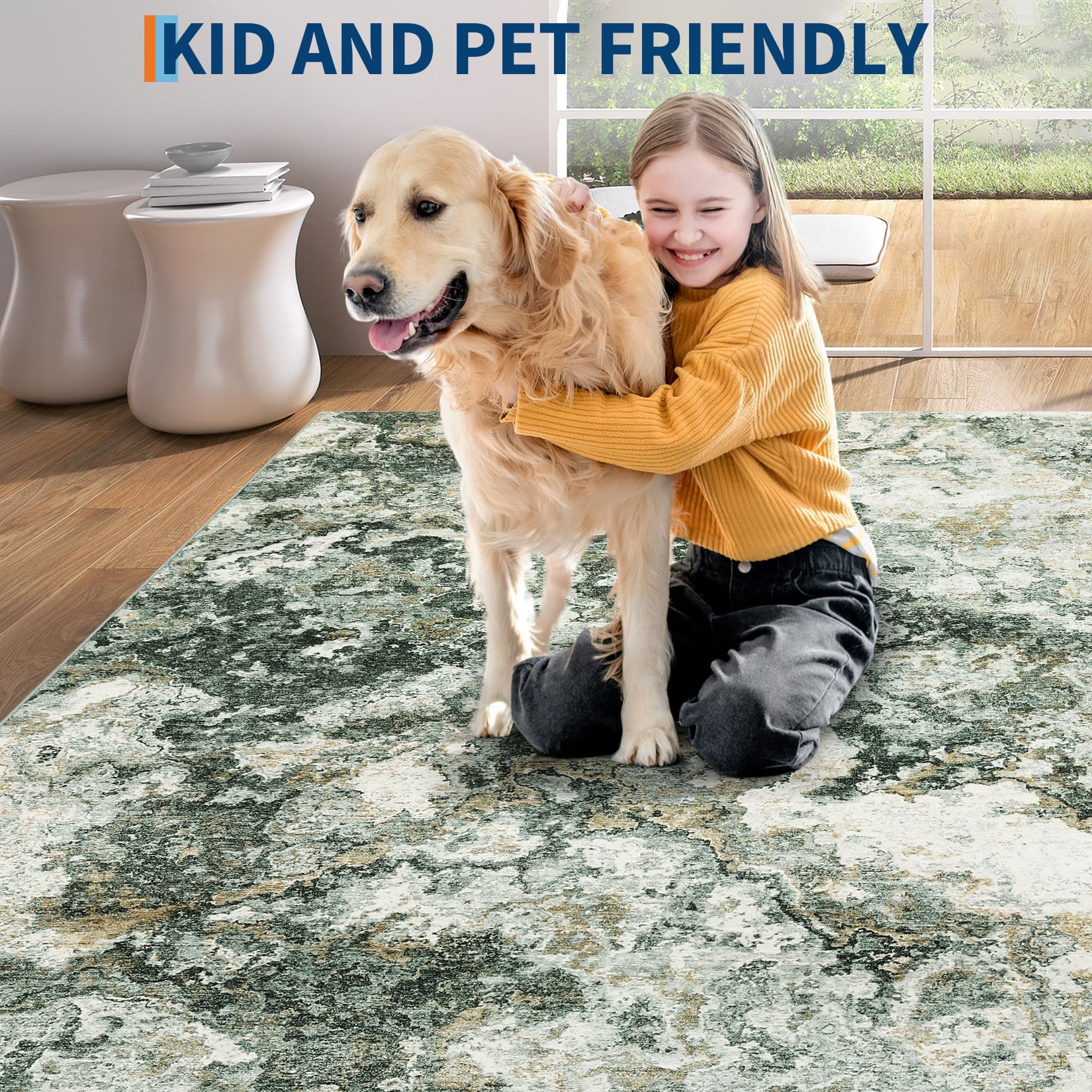 GlowSol 9'x12' Large Area Rug Modern Abstract Living Room Rug Washable Soft Foldable Rug for Living Room, Bedroom, Green