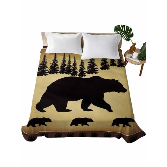 Black Bear Flat Sheets Only King Size, Soft Breathable Bed Top Sheets for Mattress, Vintage Animals Farmhouse Pine Brown Forest Luxury Bedding Flat Sheets for Home Hotel Bedroom Bed Protection