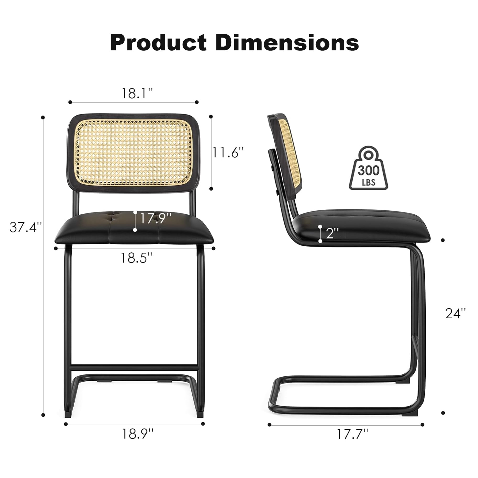 MAYEERTY 24" Black Counter Height Bar Stools Set of 2, PU Leather & Rattan Back, for Dining Areas