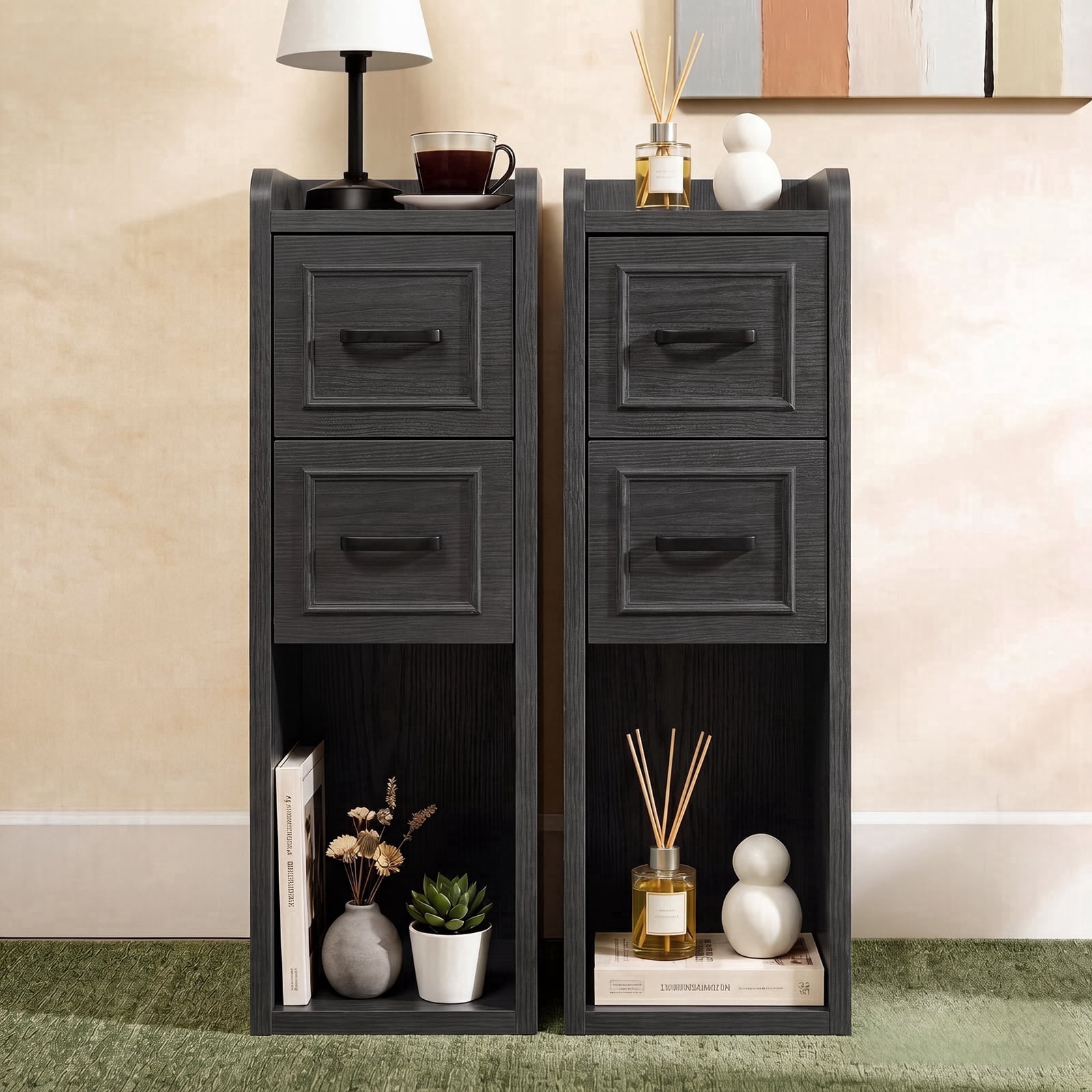 BERRY NEST Narrow Nightstand Set of 2, Modern Black Bedside Table with Drawers & Open Shelf, Modern End Table for Bedroom Small Spaces, Apartments, Renters