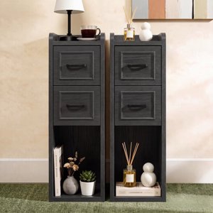 BERRY NEST Narrow Nightstand Set of 2, Modern Black Bedside Table with Drawers & Open Shelf, Modern End Table for Bedroom Small Spaces, Apartments, Renters
