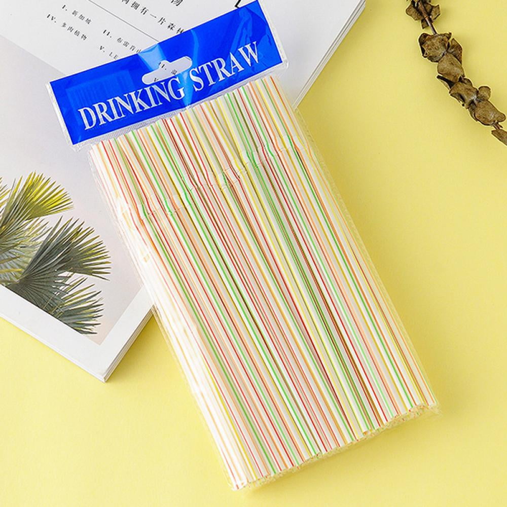 100PCS Flexible Plastic Straws - Striped Multi Colored BPA-Free Disposable Bendy Straw 8' Long Random Color