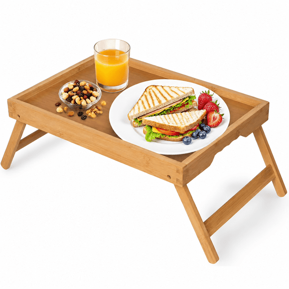 Breakfast Tray with Folding Legs, Bamboo Bed Tray Table 15.7" Foldable TV Dinner Tray with Ergonomic Wave Handles for Bed Couch Sofa, Breakfast, Snacks, Coffee, Natural