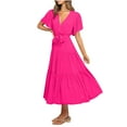 thumbnail image 2 of PiGOGI Women's Elegant Lace Up Dress V-Neck Short Sleeve Long Flowy Casual Summer Maxi Dress Hot Pink XXL, 2 of 9