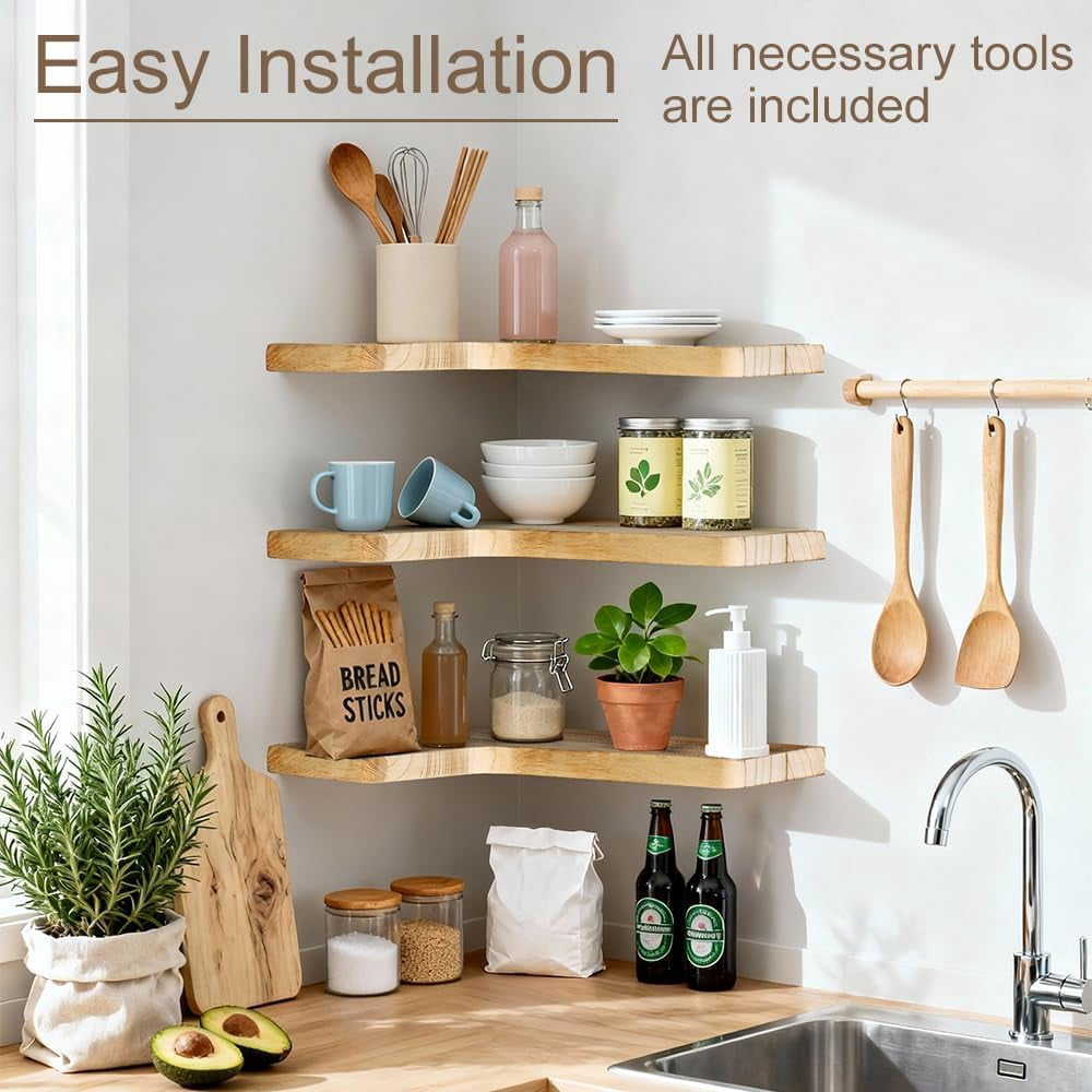 Floating Corner Shelves Set of 3, Solid Wood Picture Wall Shelf, Floating Shelves for Storage for Bedroom Kitchen Bathroom Living Room (Light Burnt)