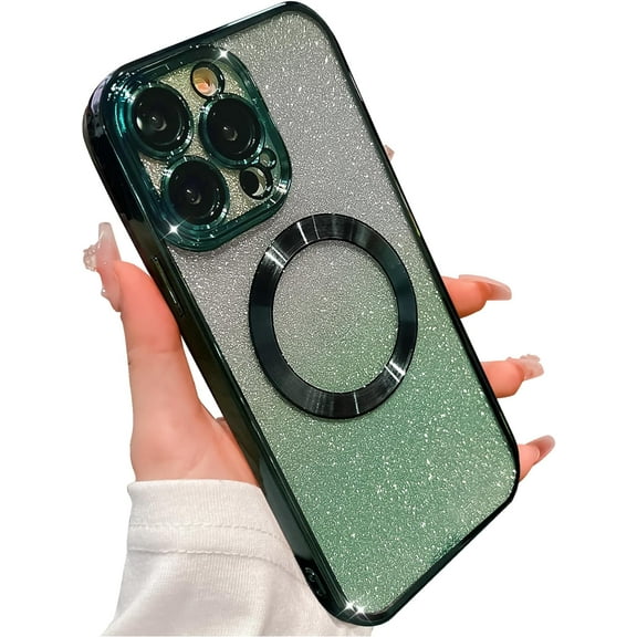 for iPhone 14 Pro Max Case Glitter Magnetic Compatible with MagSafe Full Camera Lens Protection Luxury Plating Cute Bling Clear Shockproof Slim Phone Case for Women Girls, Green