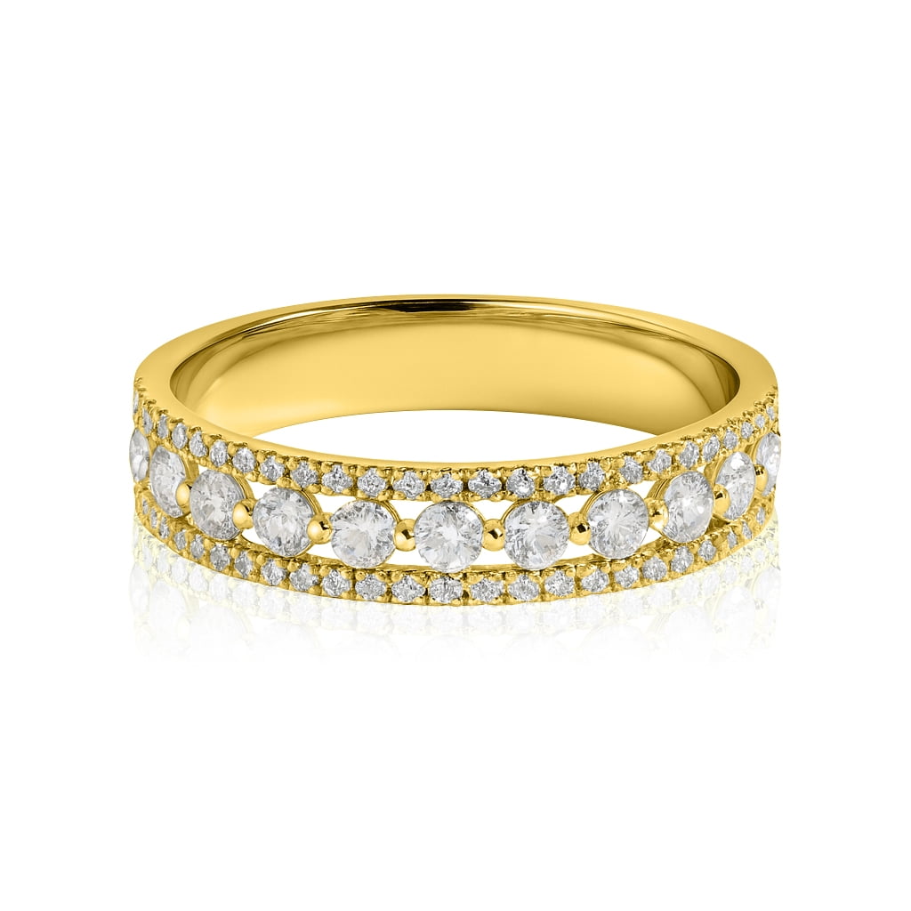 JeenMata Double Pave - 0.75 Carat Round Brilliant Cut Moissanite - Eternity Anniversary Ring - 18K Yellow Gold Plating for Women