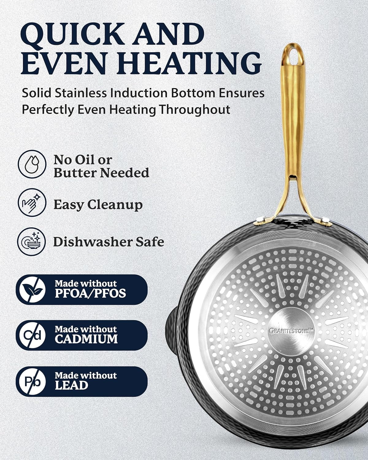 Granitestone Hammered 4 Qt Saute Pan with Lid - 12 Inch Non Stick Frying Pan with Strainer Holes, Cooking Pan, Nonstick Skillet, Induction Pan, Ceramic Pan, Dishwasher Safe, Black