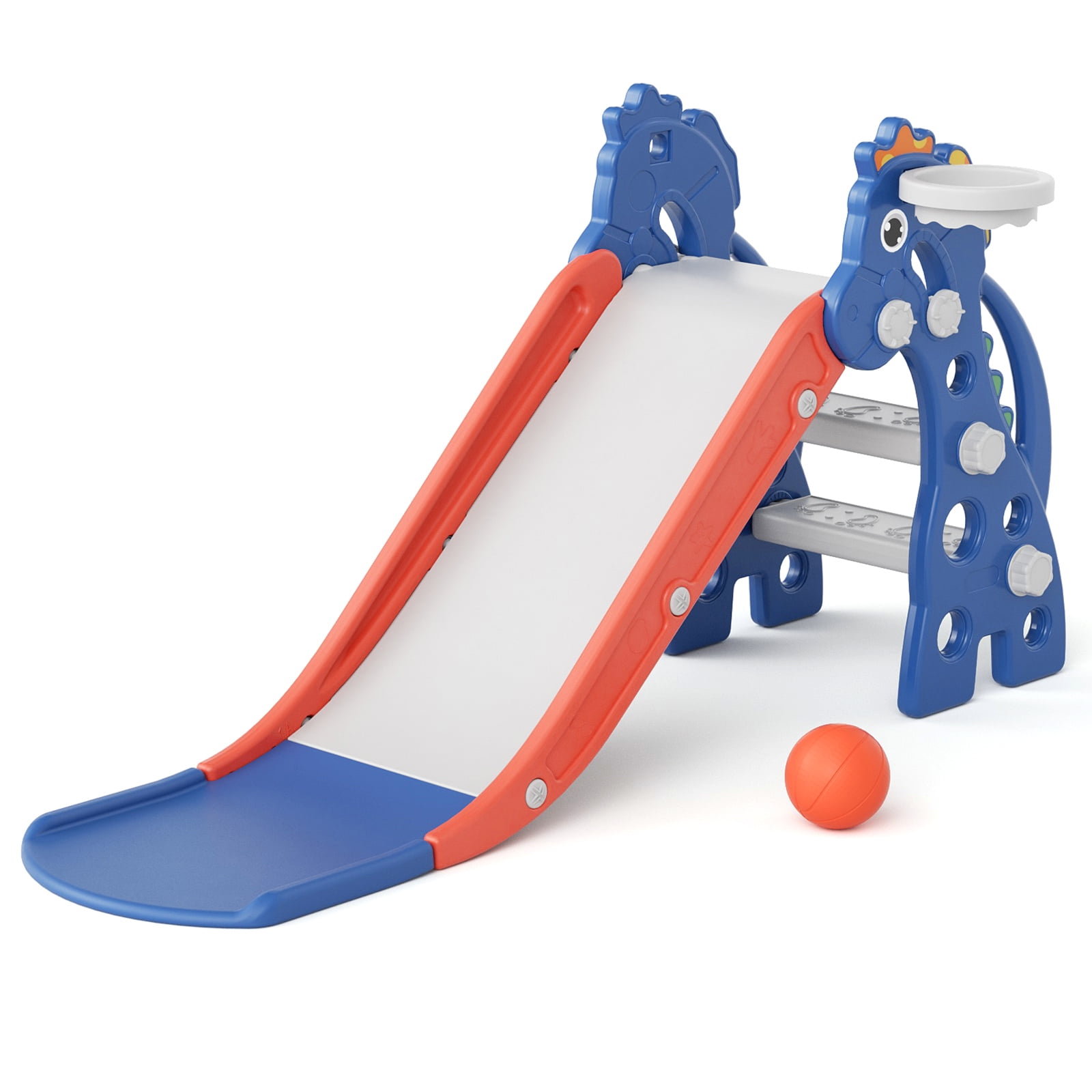 KORIMEFA Toddler Slide Indoor for Toddlers 1-3 Baby Slide Outdoor Playset with Basketball Hoop and Ball Plastic Foldable Slides for Kids Backyard Climber Set, Blue
