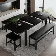 iPormis 5-Piece Dining Table Set for 4-8 People, Extendable Kitchen Table Set with 2 Benches and 2 Square Stools, Black