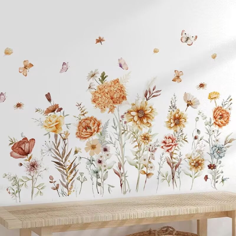 wondever Boho Wildflower Wall Stickers Garden Flowers Grass Peel and Stick Wall Art Decals for Living Room Girls Room Bedroom