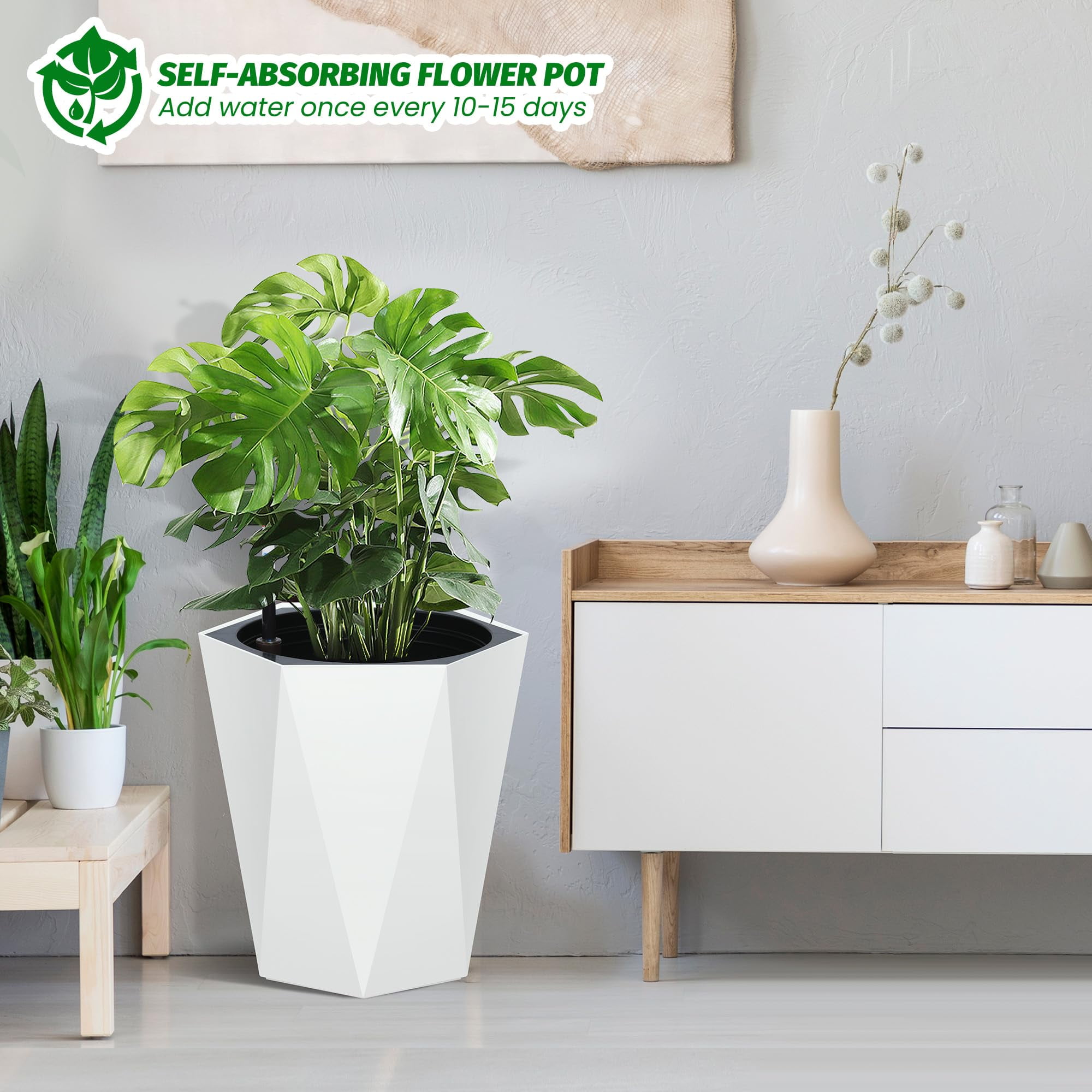 Kojooin 16 Inch Tall Diamond Planters Set of 2, Self Watering Planters with Water Level Monitor and Wheels, Flower Pots Outdoor and Indoor for Patio, Porch, Living Room, Home Office