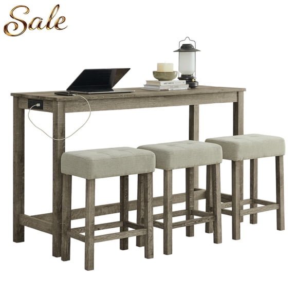 GZXS 4-Piece Counter Height Kitchen Dining Set with Charging Station, 59" Long Bar Table and Stools Set with USB/Type-C & Power Outlets, Solid Wood Frame Pub Set for Small Space, Brown