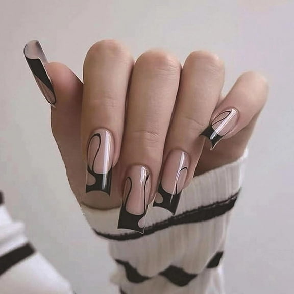 Press on Nails Long Square Fake Nails Glossy Glue on Nails Black French Tip Acrylic Nails Squoval Artificial Nails Simple Swirl Stick on False Nails with Design 24 pcs 04422Black 0.04 Fl Oz (Pack
