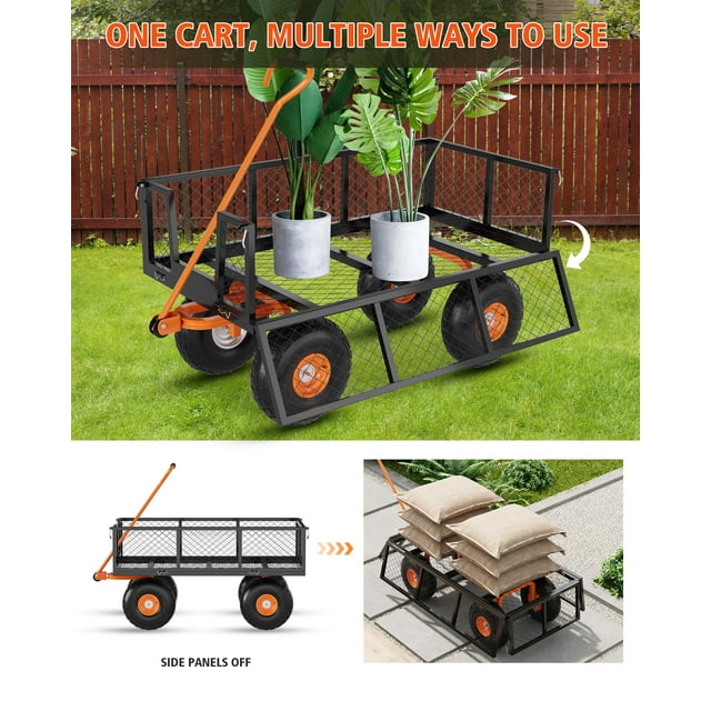 GloryStar Chariot Utilitaire d'Extérieur en Acier, Chariot de Jardin avec Poignée Rotative Flexible, Roues de 10 Pouces et Grande Capacité de Charge