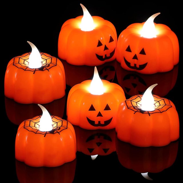 Halloween Pumpkin Spider Tealight Candles, 6 Battery Operated Flameless Candles 3D Flickering Warm White LED Candles for Indoor Outdoor Party Decorati