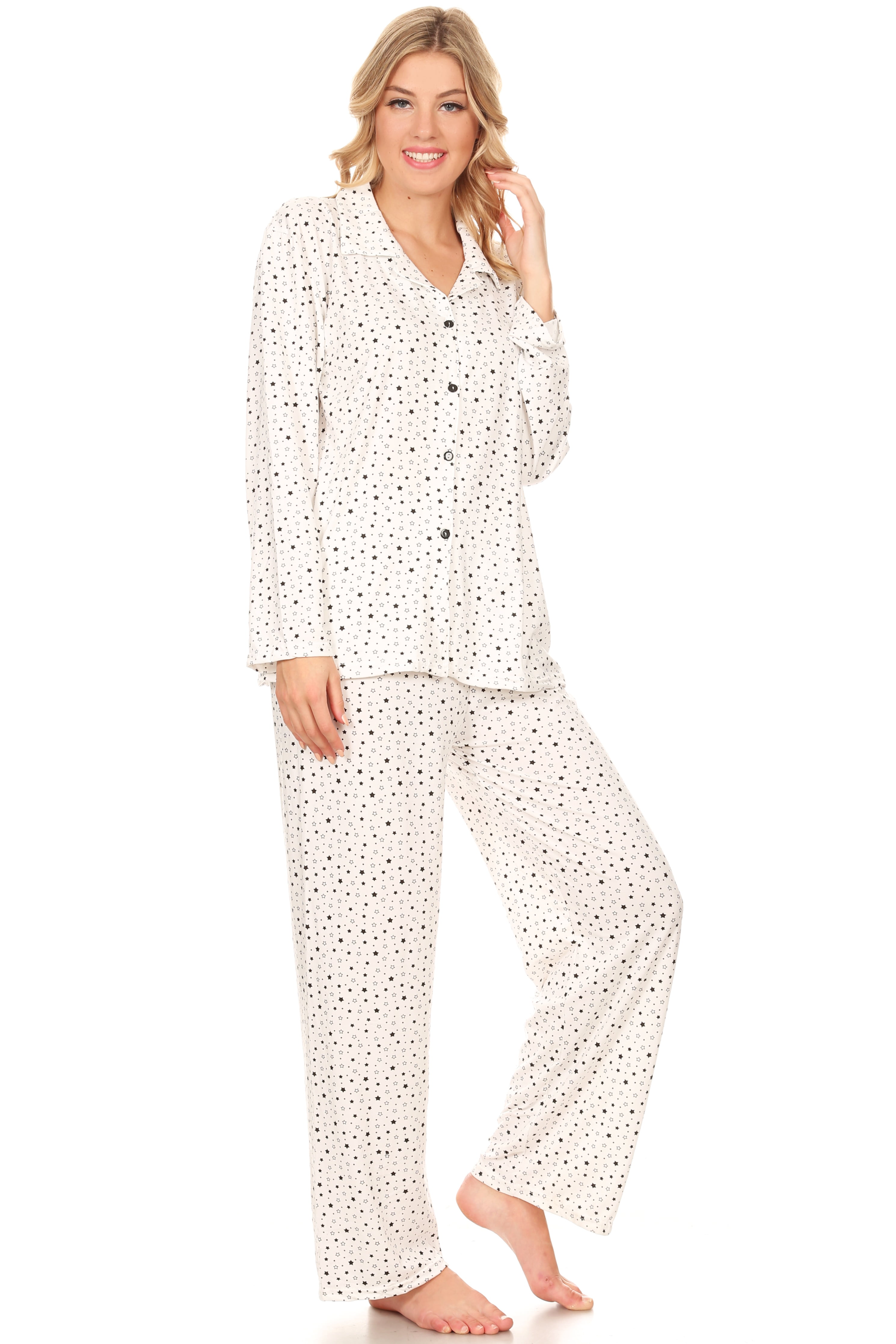 Z2151 Womens Sleepwear Pajamas Woman Long Sleeve Button Down set White ...