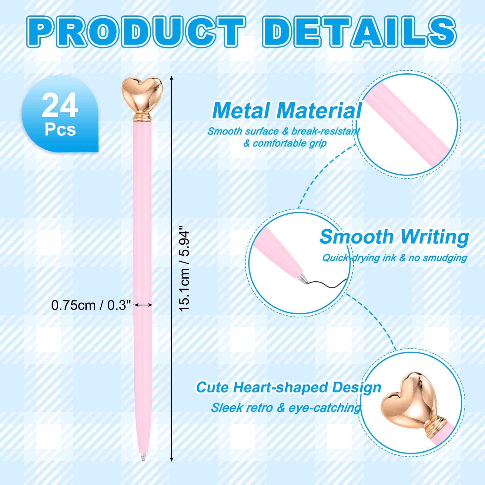 Uxcell Heart Pens 1.0 mm Black Ink, 24 Pcs Metal Cute Pens Heart Ballpoint Retractable for Women Wedding Office Party, Pink/Rose Gold