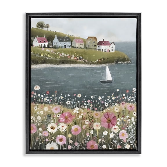 Stupell Industries Pink Meadow & Sailboats Black Framed Floater Canvas Wall Art, design by Riley B
