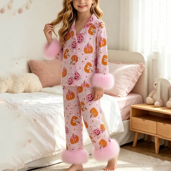 ITSAME Girls Sleepwear Set 2-Piece Halloween Print Lapel Button Up Top and Pants Fall Winter Comfy Loungewear Outfits Pink Size 10