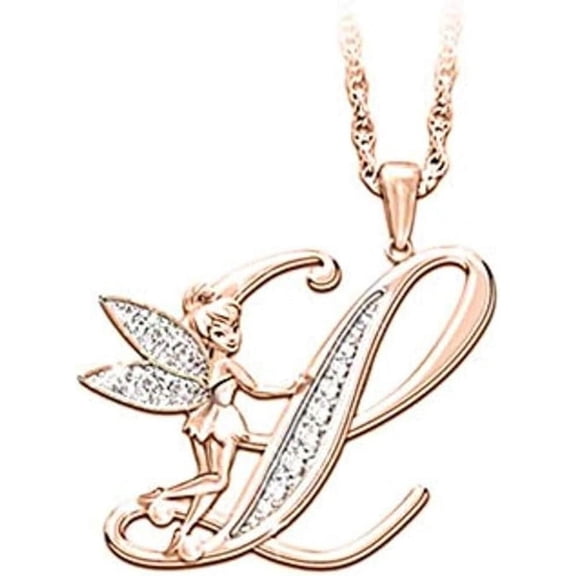 14K Rose Gold Finish Round Cut White Diamond 925 Sterling Silver Diamond Cute Elf Angele With L Initial Letter Pendant Necklace for Women