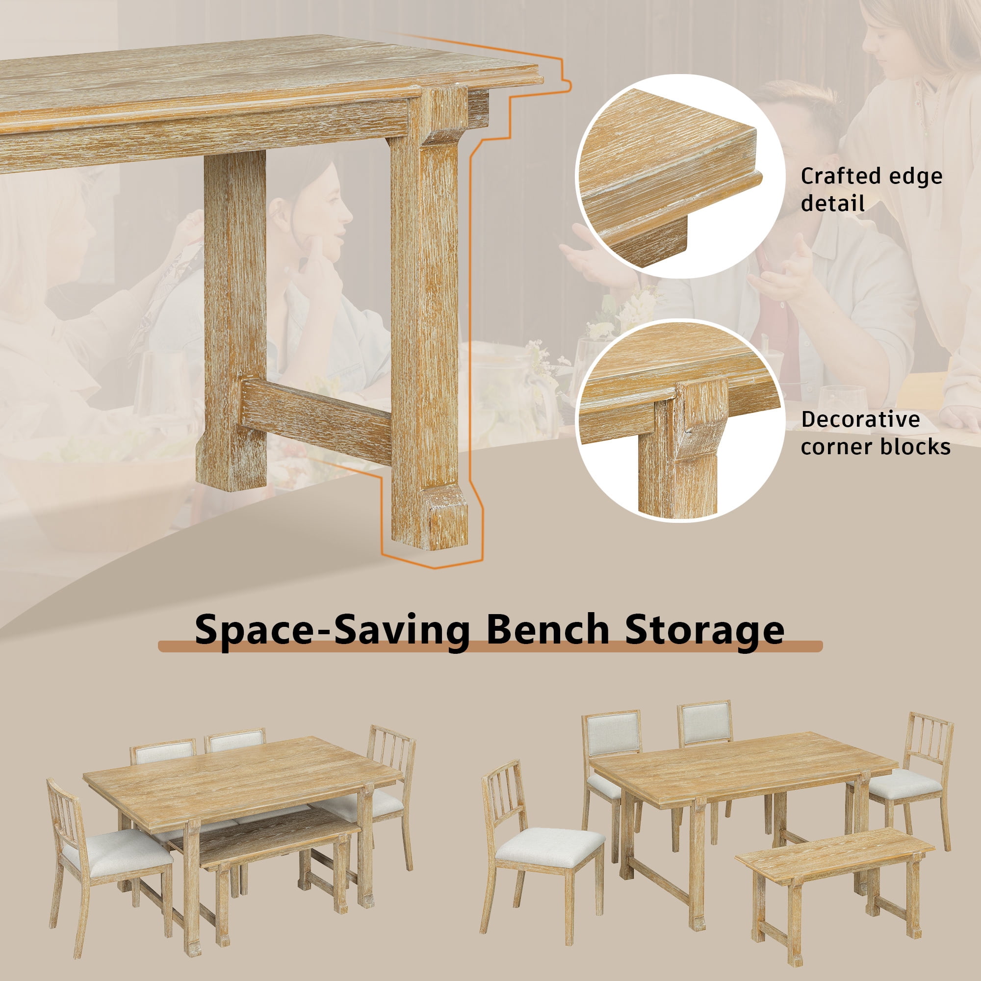 Euroco 6-Piece Farmhouse Dining Table Set for 6, 59.8" Space Saving Kitchen Table & Chairs Set with Wood Frame,Ideal for Kitchen & Dining Room, Restaurant,Natural