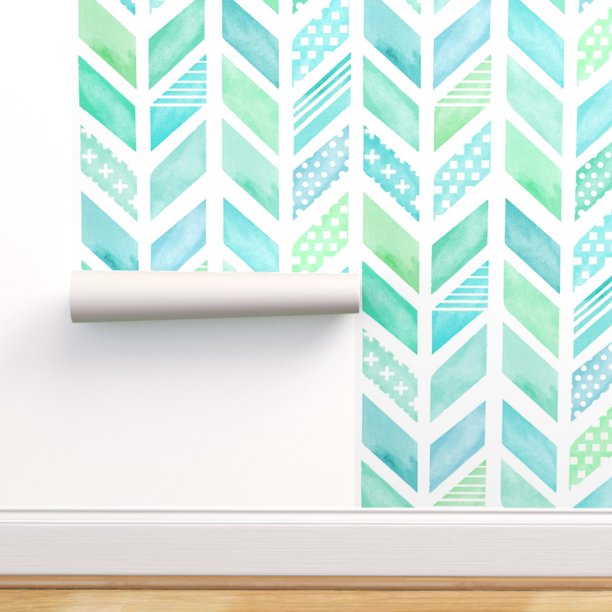 Removable WaterActivated Wallpaper Watercolor Herringbone In Blue And