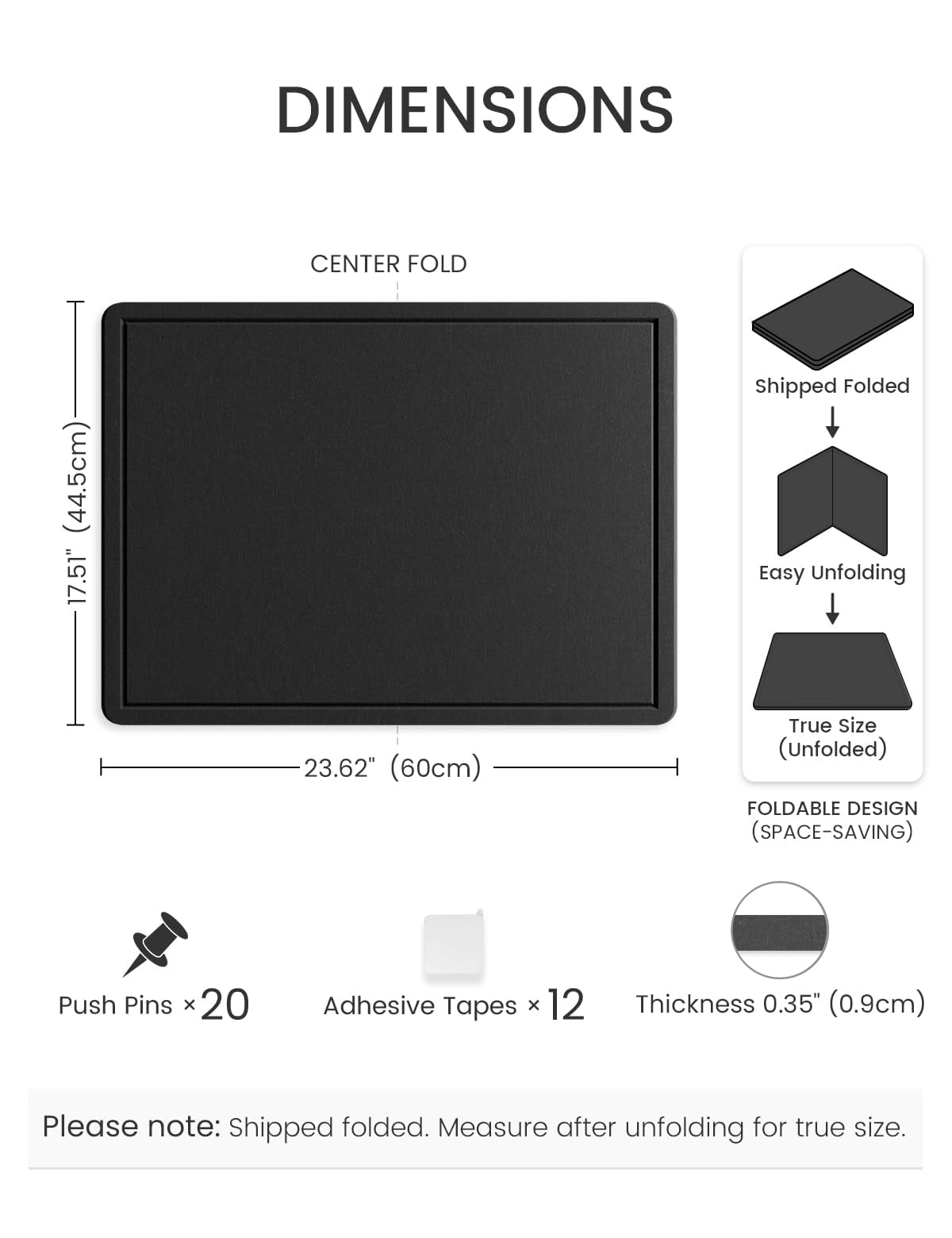 Bulletin Board  23.6" X 17.5" Cork Alternative With 12 Safe Removable Adhesive Tabs Foldable Felt Pin For Home Office Classroom Bedroom Entryway Walls-black