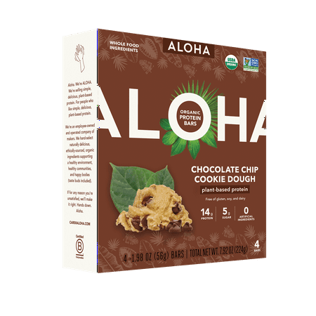 ALOHA Organic Plant Based Protein Bars 4-Pack - Chocolate Chip Cookie Dough - 1.98oz Bars - Vegan, Low Sugar, Gluten-Free, Paleo, Low Carb, Non-GMO, Stevia-Free, Soy-Free, No-Erythritol