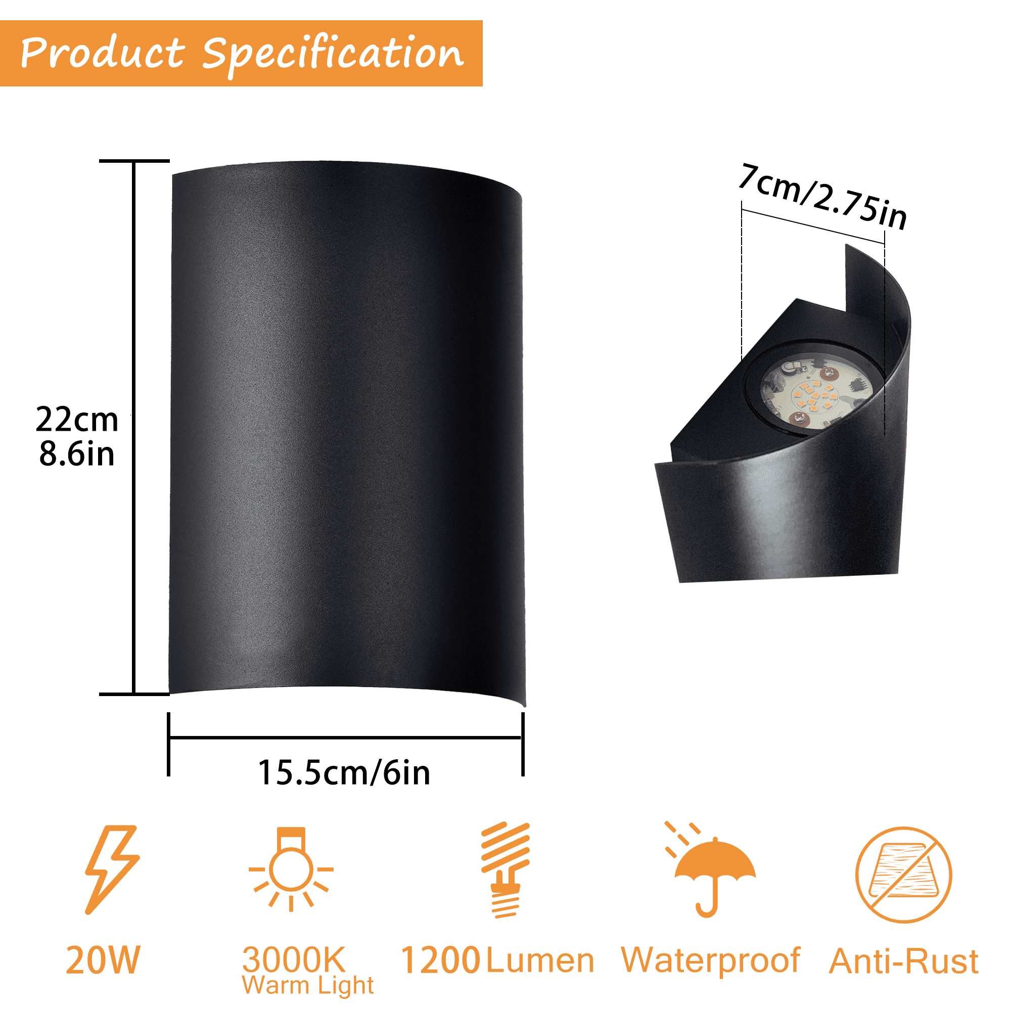 Modern Outdoor Wall Light Black LED Up & Down Sconce, 20W 3000K Waterproof Exterior Light for Porch Patio