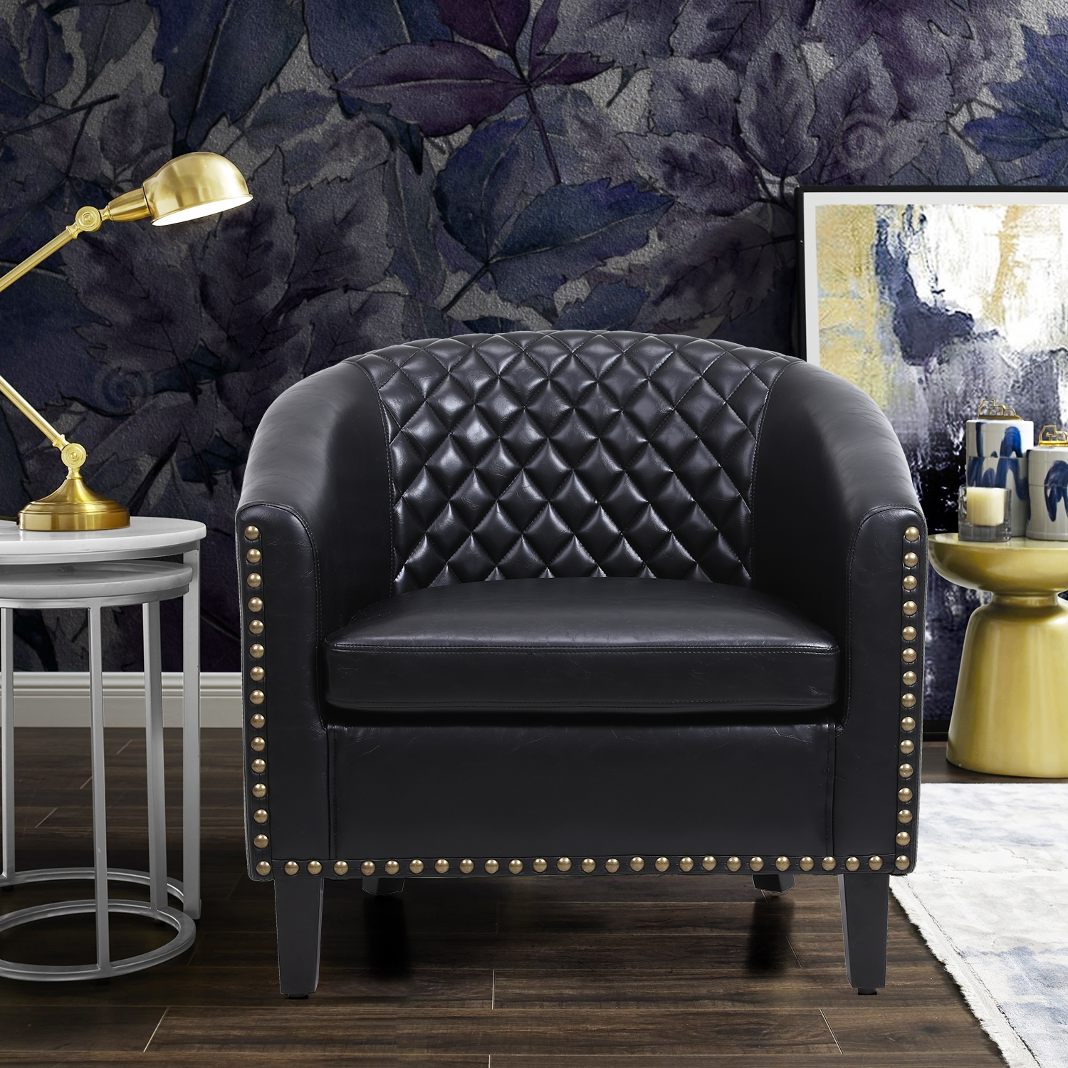 Modern Barrel Chair Tub Chair Faux Leather Club Chair with Arms and Nailheads, Upholstered Barrel Accent Chair for Living Room Bedroom - Black - image 2 of 8