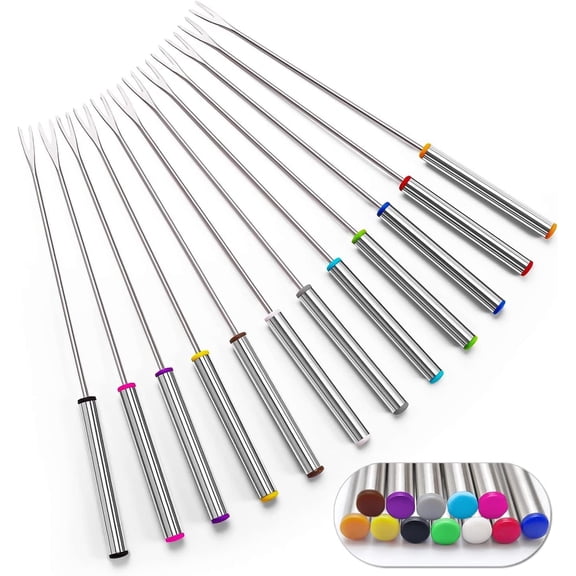 12 Stainless Steel Fondue Forks 9.5 Inch, Color Coded Cheese Fondue Forks Sticks with Heat Resistant Handle for Chocolate Fountain Cheese Roast Marshmallows Dessert Fruits
