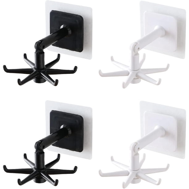360 Rotating Folding Hook, 4pcs 6-claw Nail-free Rotating Shelf Self Adhesive Kitchen Utensil Hooks For Kitchen Bathroom(black&white)(4pcs)