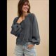 thumbnail image 5 of Sudadera Holgada Informal de Otoño para Mujer, con Cuello en V, Larga y Encaje, Estilo Farol, Estilo Corto Gris S, 5 of 6