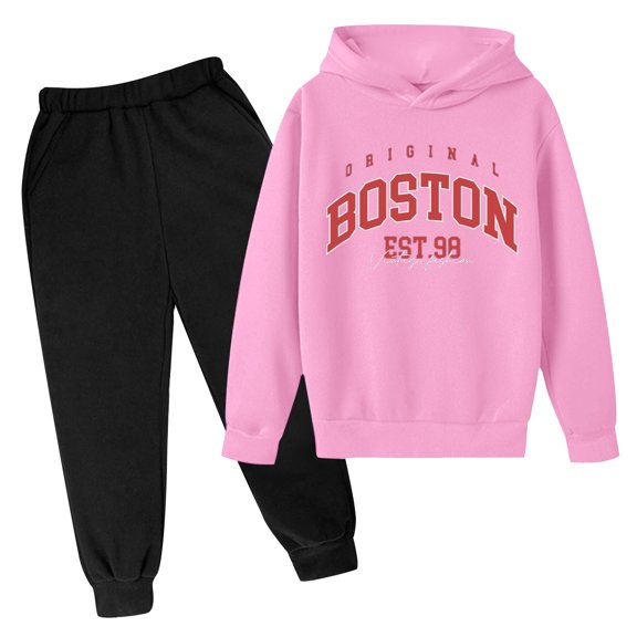 WOYY Toddler Girls Active Outfits Boston Printed Hoodie Pants Kids Casual Sport Pantsuit