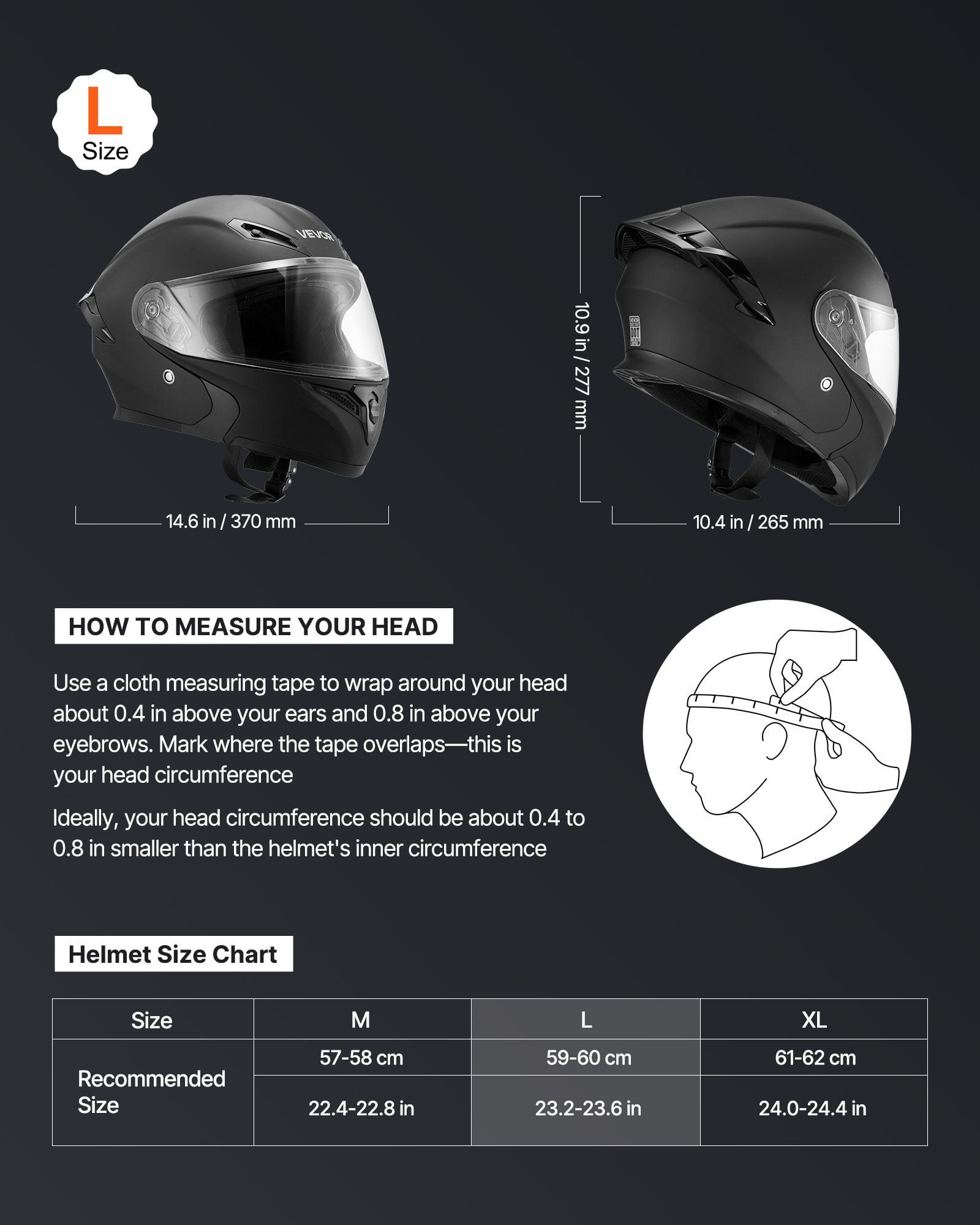 Modular Motorcycle Helmet for Adults DOT Approved Large Clear Visor Detachable Liner Matte Black Size L
